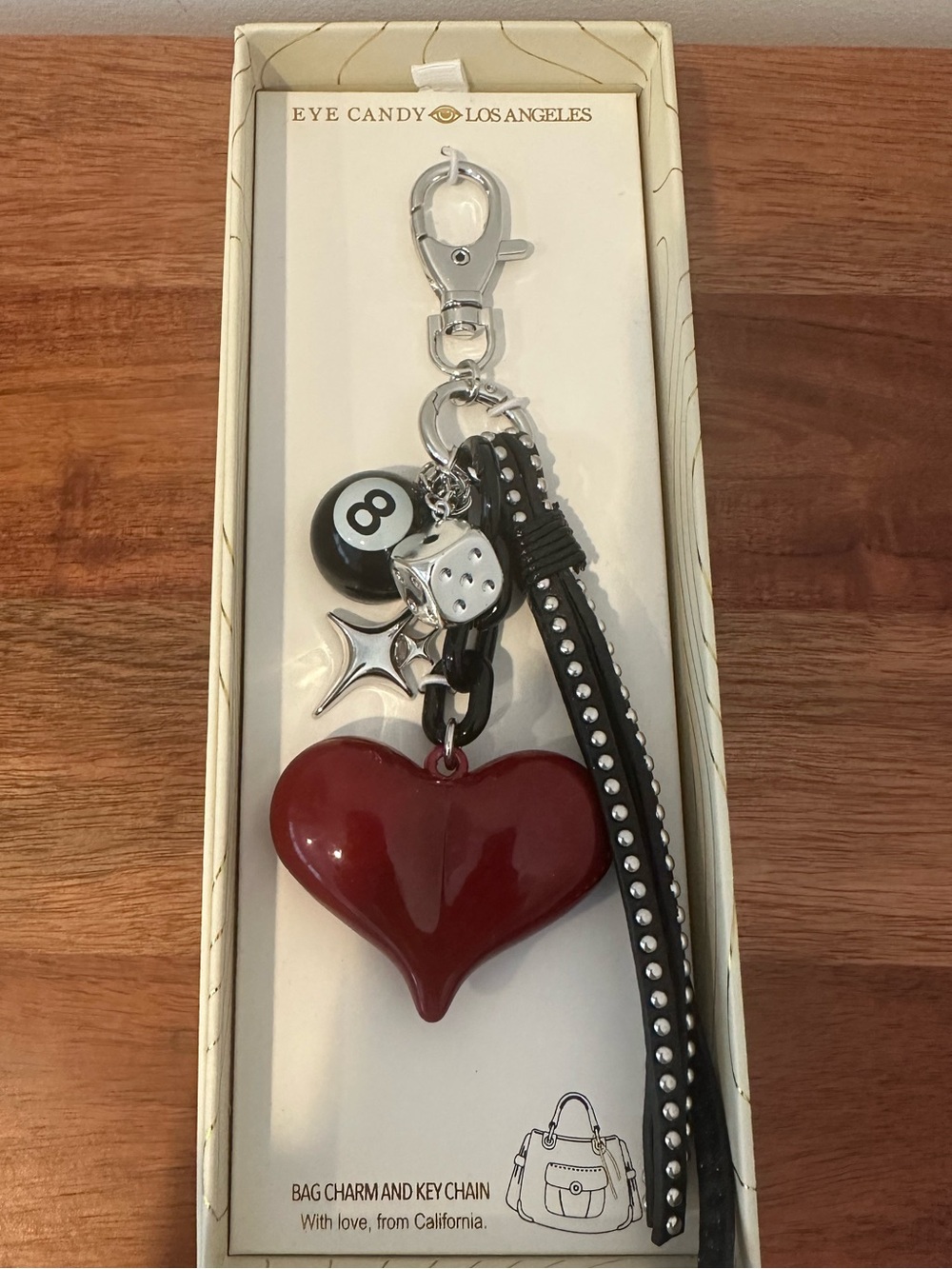 New Red Puff Heart & Studded Black Strap, Dice, Eightball & Star Bag Charm